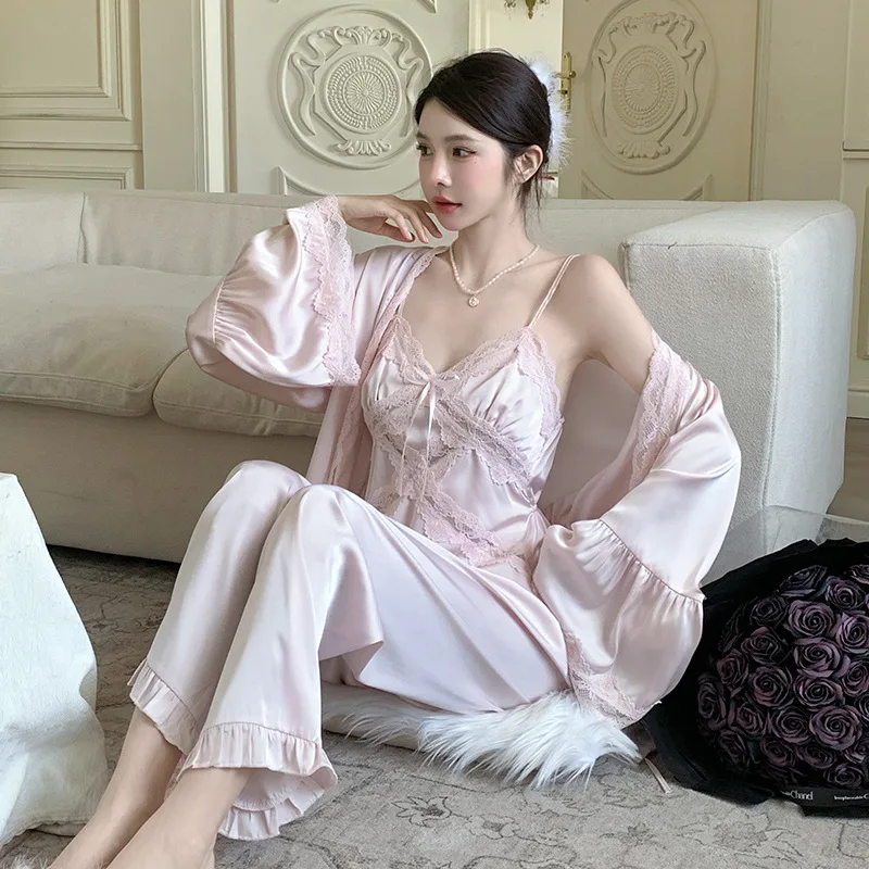

Весенне-осенний женский пижамный комплект из 3 предметов, одежда для сна, сексуальный кружевной халат, пижамный костюм, повседневная атласная ночная рубашка, домашняя одежда