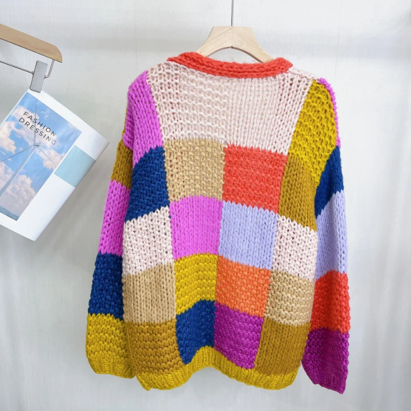 Chunky Knit Cardigan Women Handmade Patchwork Multi Color Loose Sweater Cardigan 2024 Winter Rainbow Knitwear