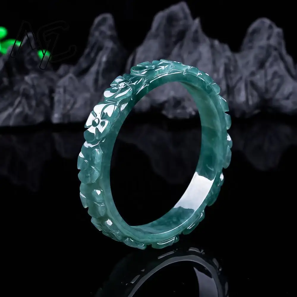Real Natural Blue Water Emerald Jade Flower Bracelet Pendant Carved Charm Jadeite Jewelry Fashion Amulet Gifts for Men Women view 4