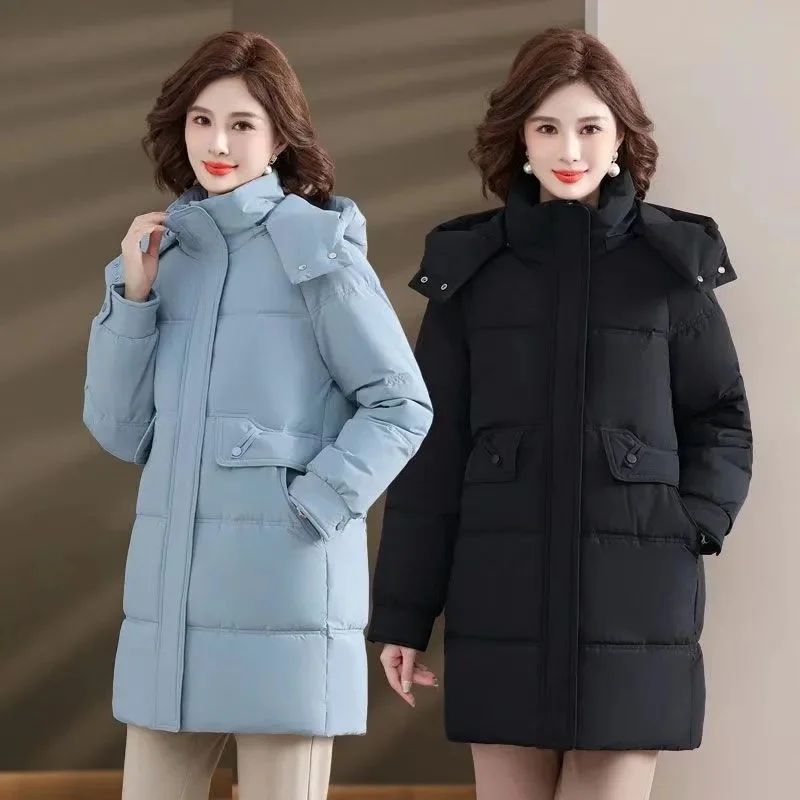 

New Cotton Padded Parkas Jacket Female 2025 Winter Long Down Coat Women Parkas Middle-Aged Mothers Outwear Thick Hooded Overcoat