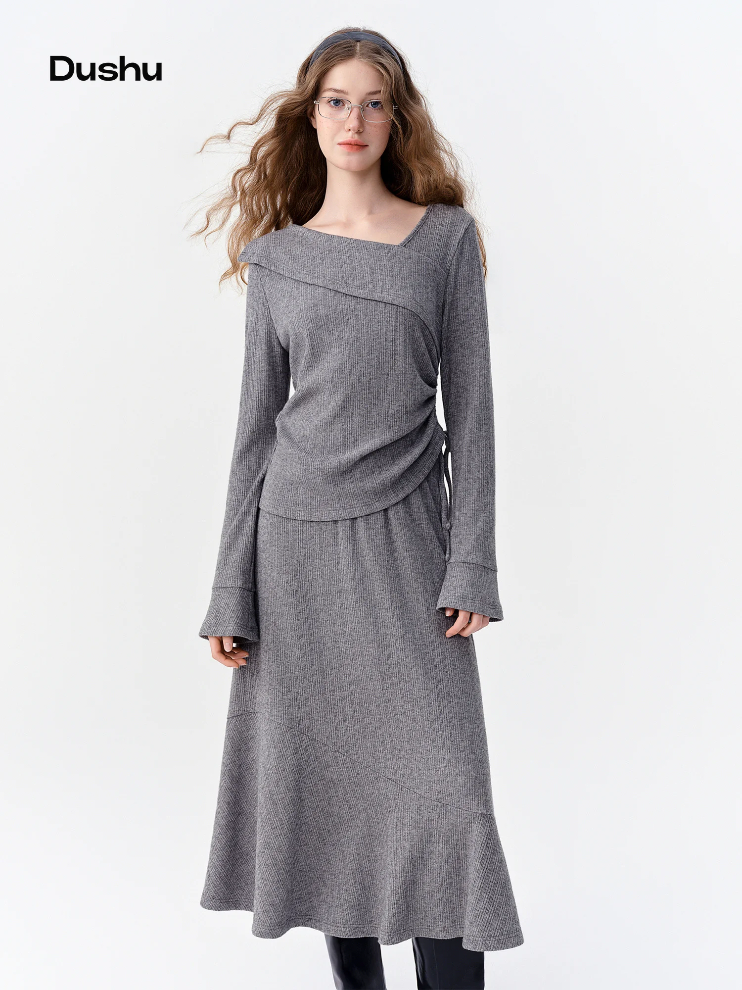 DUSHU Women Ribbed Knit Sweater and Midi Skirt Fashion Set 2026 Winter New Arrival Stylish Two-Piece Outfit With Unique Design