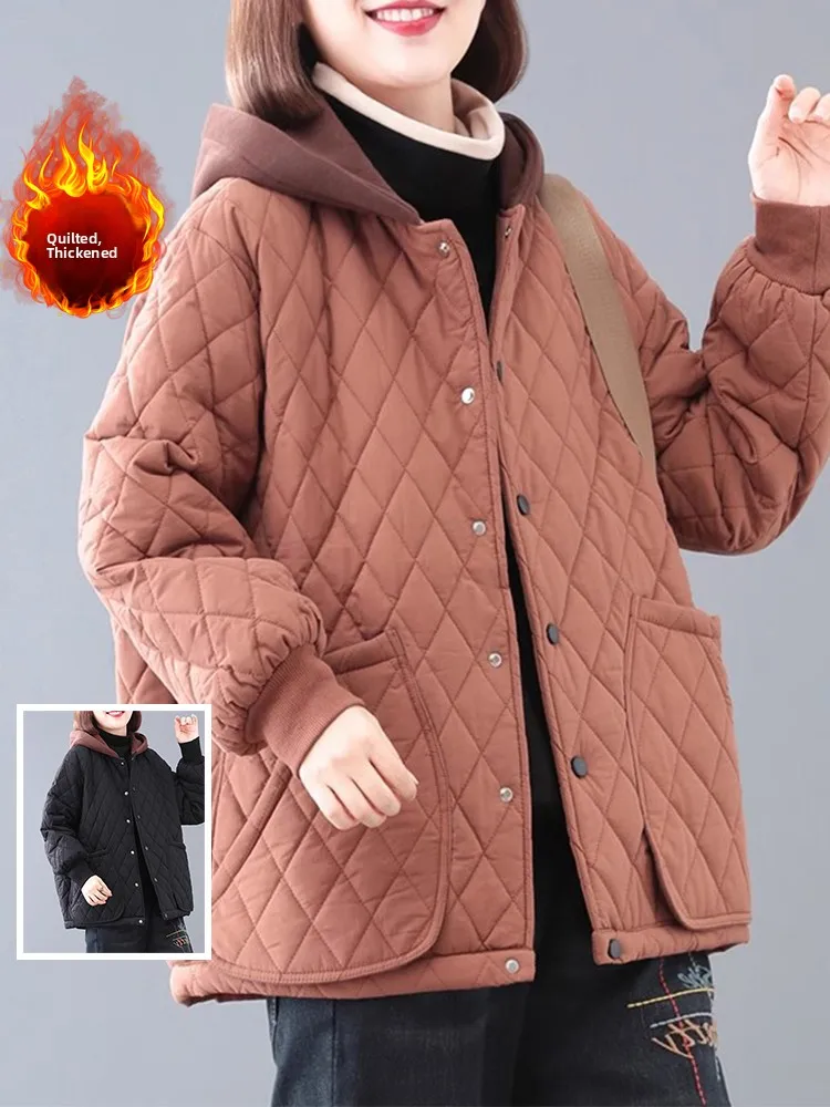 

Зимняя хлопковая куртка Thiened с шапкой для мамы, повседневная женская модная верхняя одежда большого размера, художественное однотонное пальто