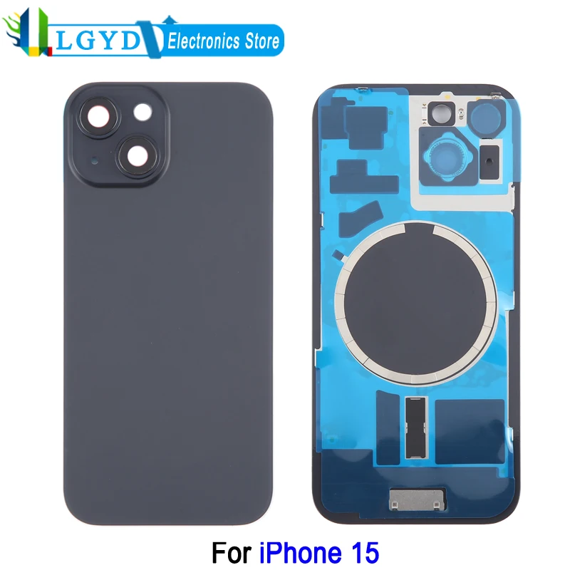 Battery Back Cover For iPhone 15 Phone Rear Cover Replacement Part with Camera Lens Frame & MagSafe Magnet