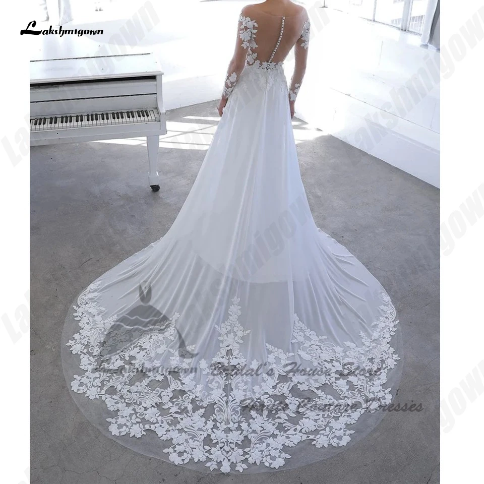 Lakshmigown abiti da sposa a maniche lunghe in Chiffon di pizzo civile taglio treno 2024 scollo a V abiti da sposa Sexy da spiaggia Vestidos De Noivas