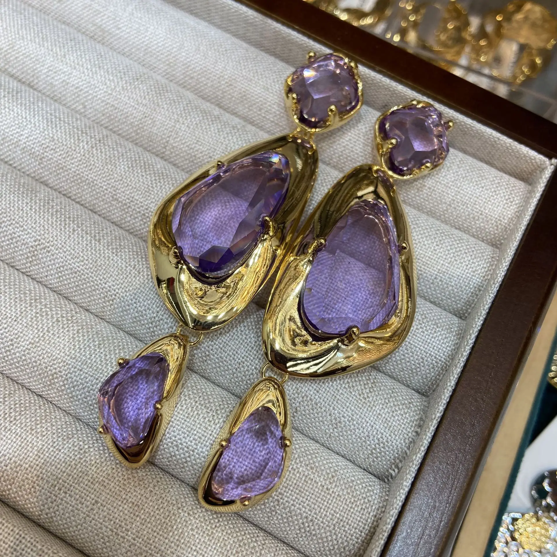 Pendientes de Moda Vintage, Largos, Colgantes, Triangulares, Irregulares, Color Dorado, Verde, Fucsia, Morado, con Cristales Grandes, Joyería para Mujer, para Fiestas
