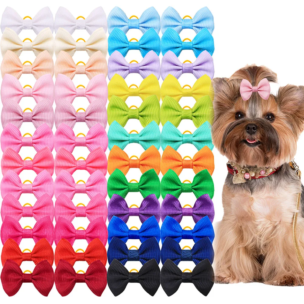 100PCS Mixed Colors Puppy Bows Cute Dog Bows With Rubber Bands Solid Colors Long-hair Pet Hair Accessories For Dogs and Cats