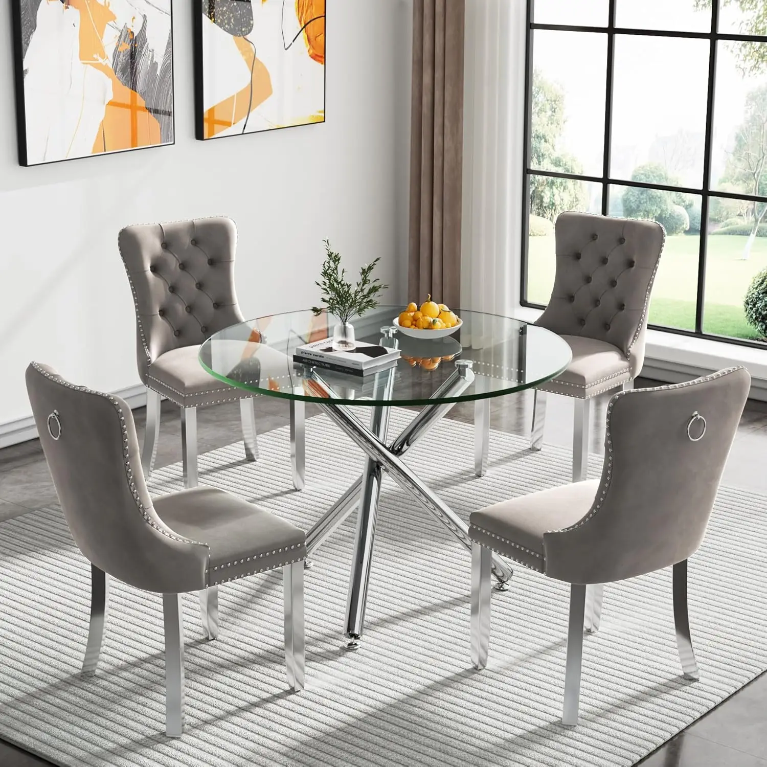 36"" Modern Silver Glass Dining Room Table Set For 4, 5-Piece Round Kitchen Dining Table Set With Cross Metal Legs And 4 Grey