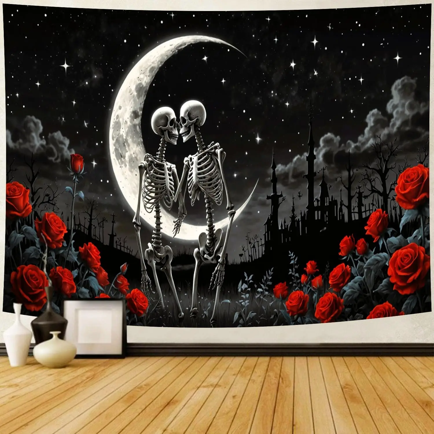Skull Tapestry Gothic Black and White Romantic Constellation Skeleton Tapestry Abstract Psychedelic Wall Hanging Headboard for
