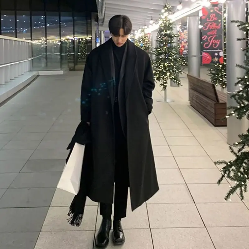 

Мужское длинное шерстяное пальто с лацканами, корейские плащи средней длины, однотонная классическая мужская зимняя ветровка