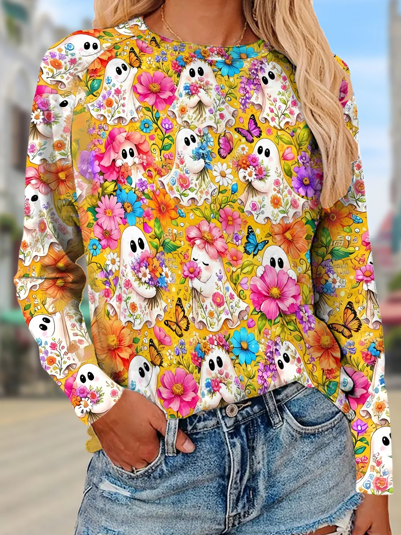 Women Long Sleeve T-shirt Round Neck Cute Reading Ghost Pumpkin Book Print Casual Halloween Tops Autumn Fashion Women's Clothes