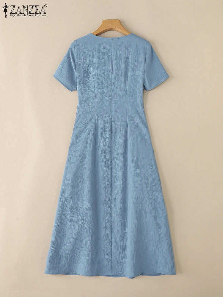 ZANZEA Vestito Solido di Modo Delle Donne di Estate Vestido 2025 Elegante Manica Corta Tasche A Pieghe Midi Vestito Estivo O-Collo Casual Allentato Veste