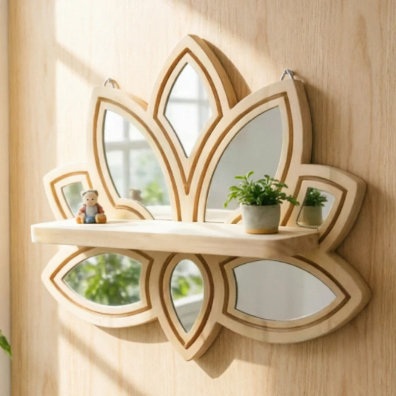 Lotus Shaped Wooden Wall Shelf with Mirror Floral Floating Shelves Boho Rustic Wall Mounted Storage