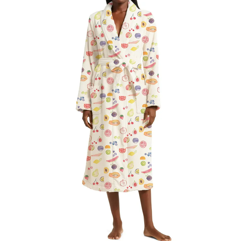 Халат с фруктовым принтом, осенне-зимний новый стиль, толстый длинный халат с завязками на талии, домашняя одежда с длинными рукавами