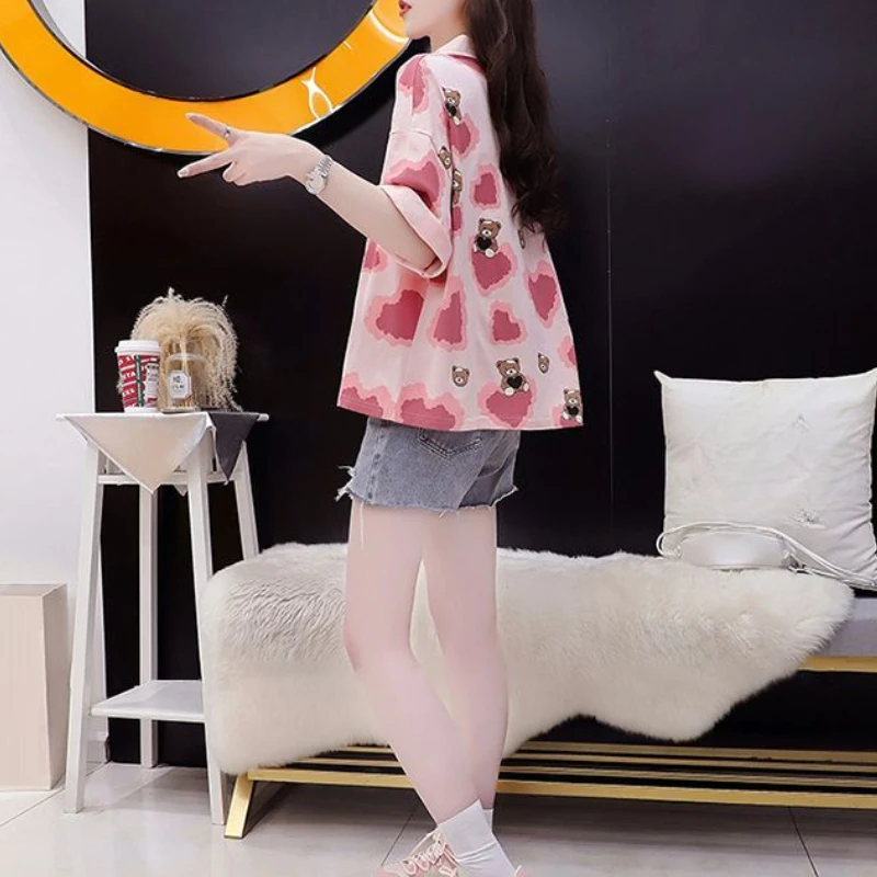 Camiseta de manga corta con estampado de moda 2025, traje de verano con botones para mujer, nueva camiseta estética con cuello holgado para mujer