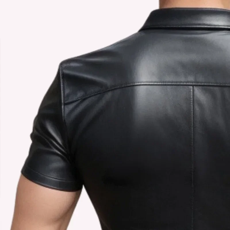 Stretch Black Matter Leather Shirts Men Short Sleeve Stand Collar Shirt Bodycon PU Business Top Hip Hop Nightclub Party Blouse