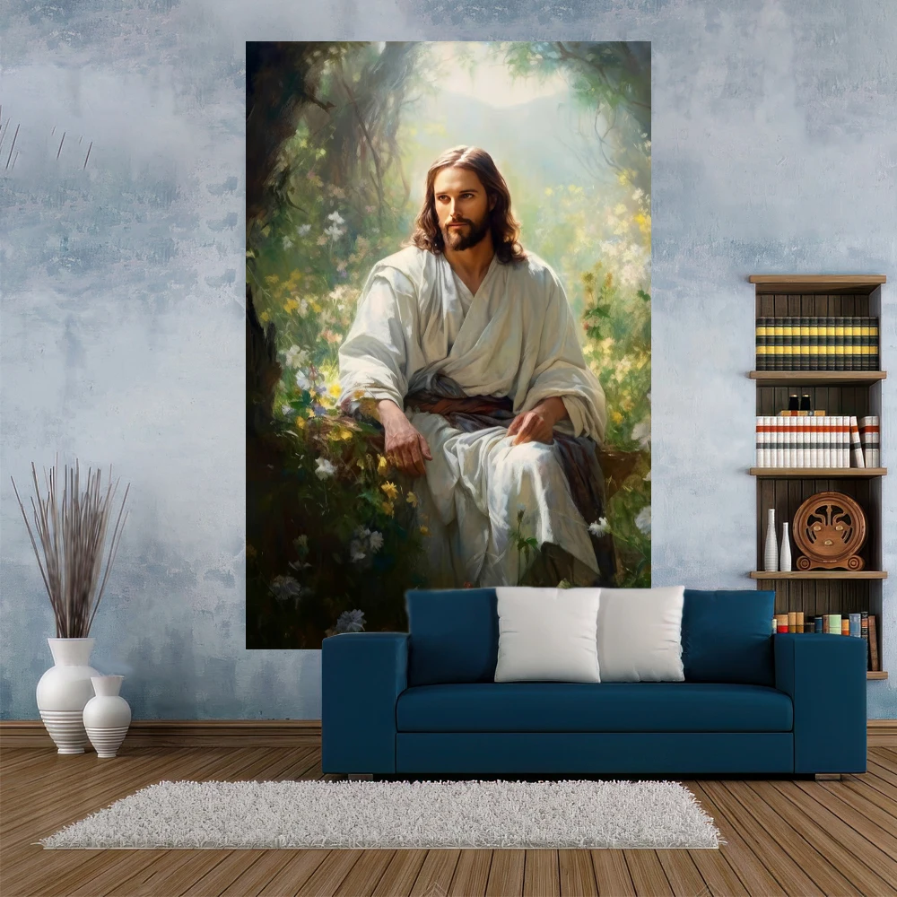 Retro Art Tapestry Jesus Illustration Printed Wall Decoration Dormitory Covering Carpets Living Room Background Yoga Mat