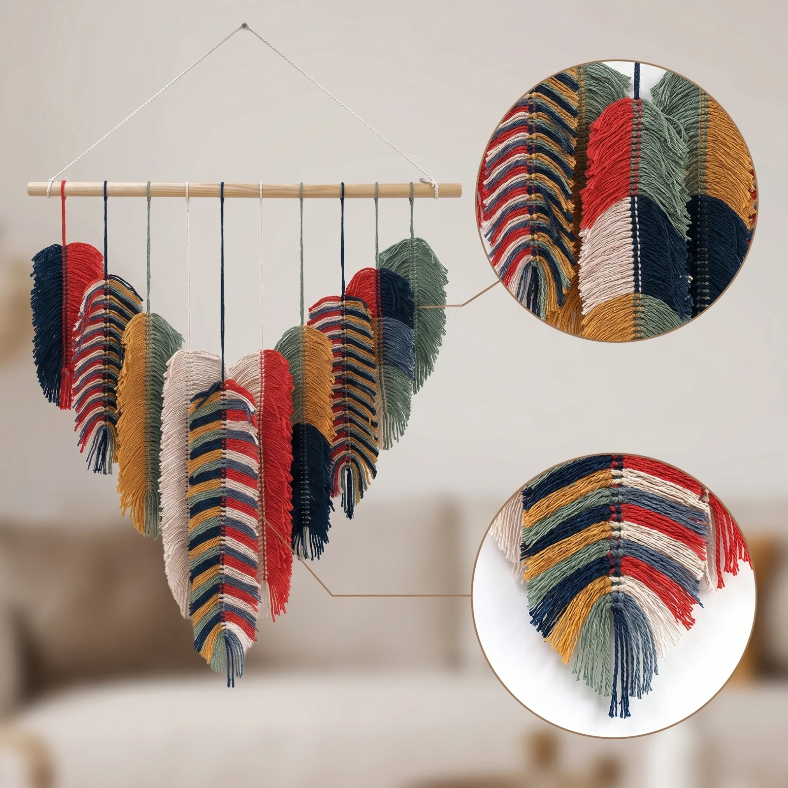 Leaf Wall Hanging Handwoven Tapestry with Wooden Dowel Woven Wall Hanging Layered Fringed for Living Room, Bedroom