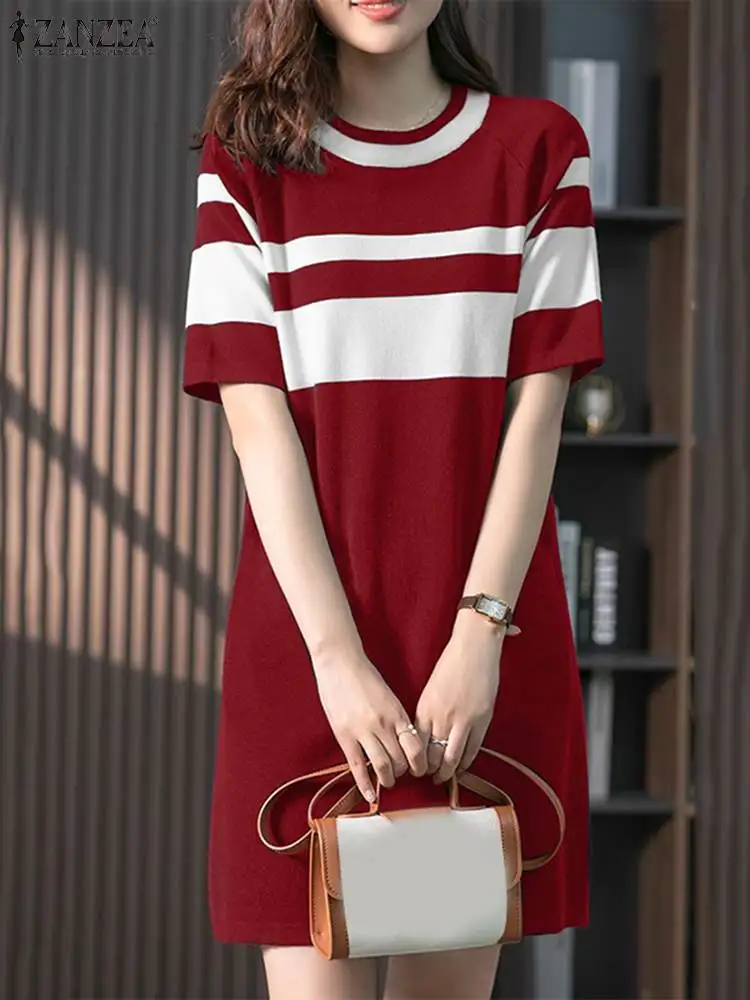 ZANZEA 2024 Summer Women Short Robes O Neck Casual Color Block Korean Fashion Knee-length Vestidos Elegant Loose T-shirt Dresses