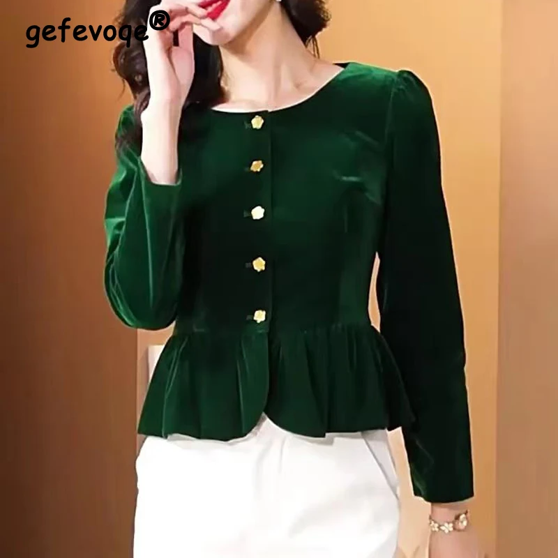 Women Retro High Quality Golden Velvet Elegant Chic Shirts 2023 Autumn Winter Fashion Ruffle Slim Blouses Solid Long Sleeve Tops