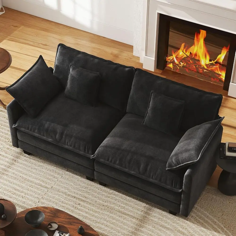 

77 Two-Seat Chenille Deep Sofa with Pillows for Living Room or Bedroom (Black)