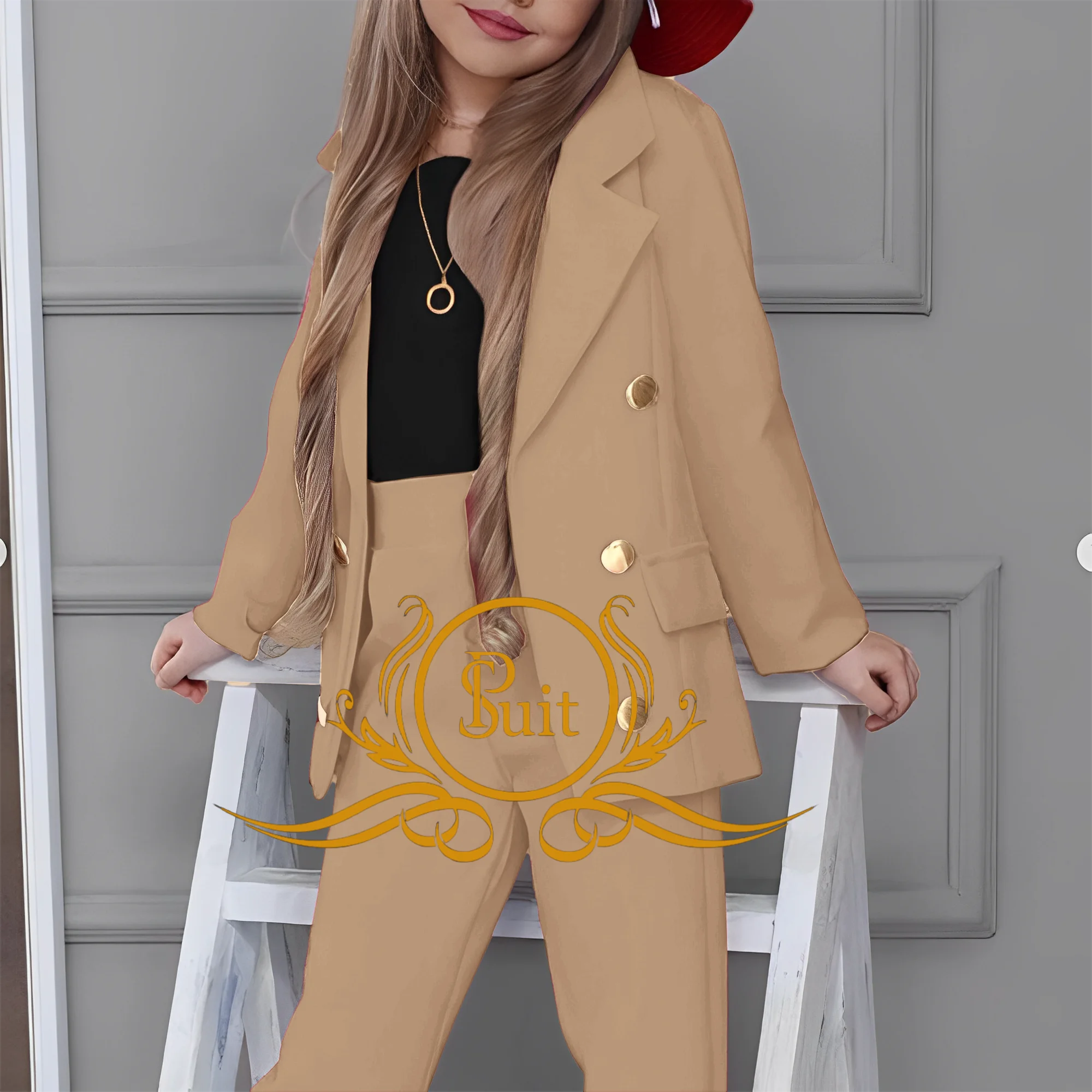 Girl Blazers Double Breasted Lapel Suits Fashion Kids Jacket+Pants Set Loose Formal Teenage Casual Outfit