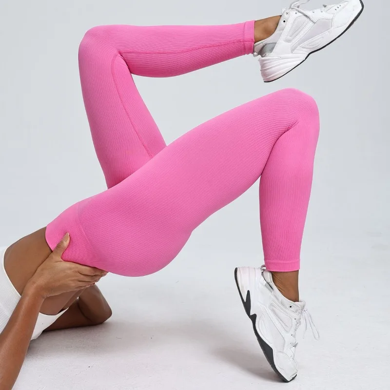 Women Seamless High Waist Ribbed Fitness Leggings High Elastic Yoga Long Pants Gym Workout Run Daily Athletic Training Bottoms