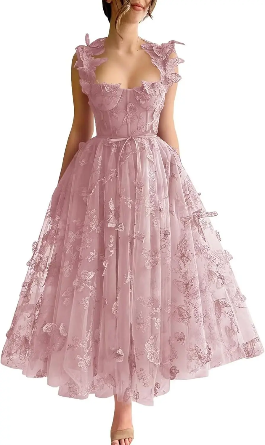 فستان نسائي أنيق من الشيفون على شكل فراشة ثلاثية الأبعاد مع تطريز بحزام سباغيتي، فستان سهرة رسمي جديد على شكل حرف a للحفلات المسائية