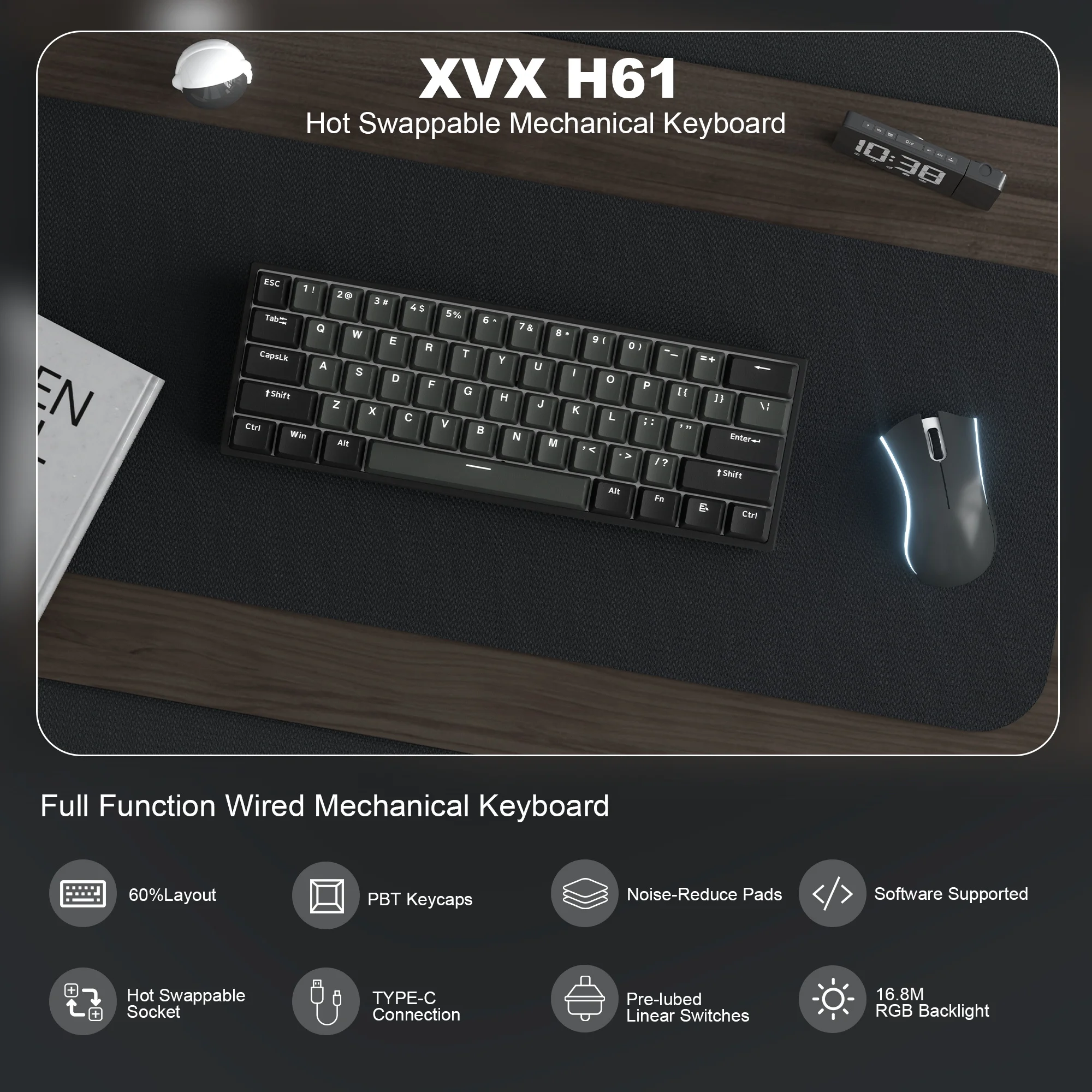 Xvx H61有線メカニカルキーボード,ホットスワップ可能,60%,rgb type-c接続,ホットスワップ,ゲーム,レトロ