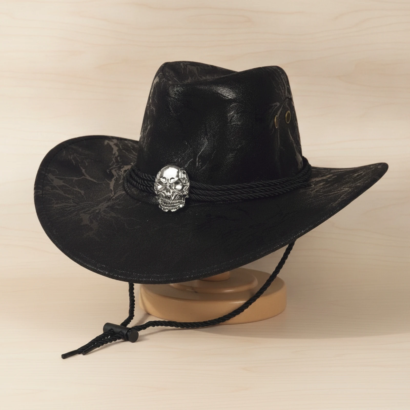 Cowboy Hat with Chin Cord Structured Western Hat with Skull Ornament Classic Stylish for Men, Festivals, Outdoor Travel