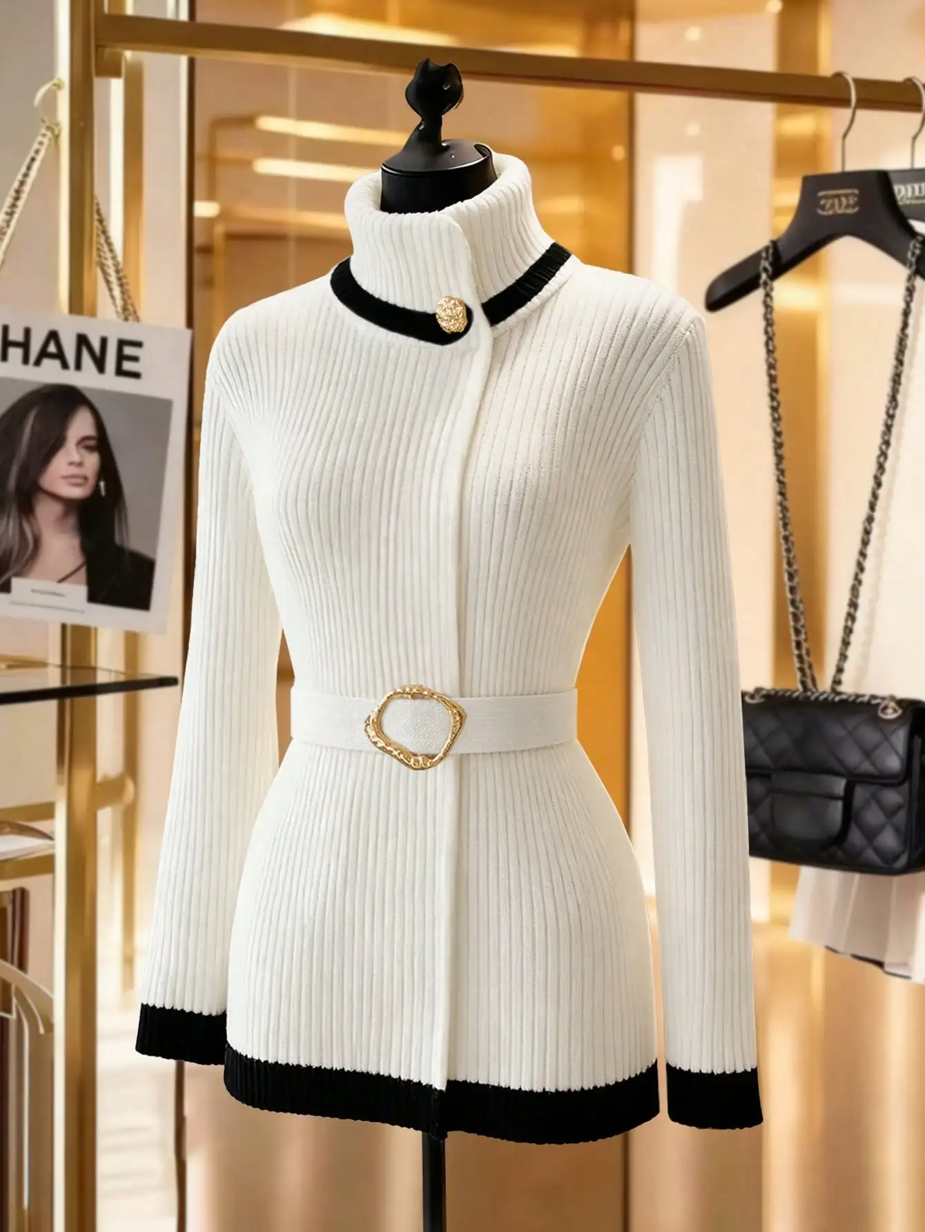 

Белый свитер-водолазка в рубчик с черной отделкой и золотым ремнем с пряжкой, пуловер с длинными рукавами и приталенной талией