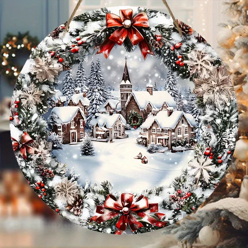 2D شقة، الشتاء عيد الميلاد علامة خشبية تأثير الإغاثة من الجليد وثلج المدينة عيد الميلاد إكليل علامة للباب الأمامي ديكور للتعليق على الحائط