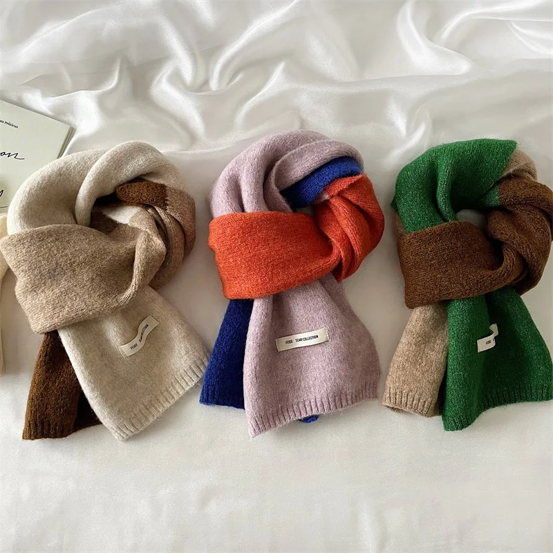 

Fashion Contrast Match Colors Knit Wool Scarf Long Women Autumn Winter Neckerchief Korea Style Cute Lovers Students Muffler