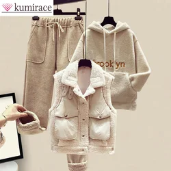 Three-Piece Cotton Coat and Vest Set for Women, Hooded Sweater, Casual Pants, Winter Clothes, Autumn, New, 2024