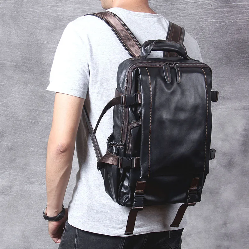 S.WORKER Lässiger Herrenrucksack aus echtem Leder, große Kapazität, 15" Laptop-Reisetasche, Schulrucksack aus Rindsleder, modische Wochenendtasche – Detail 6