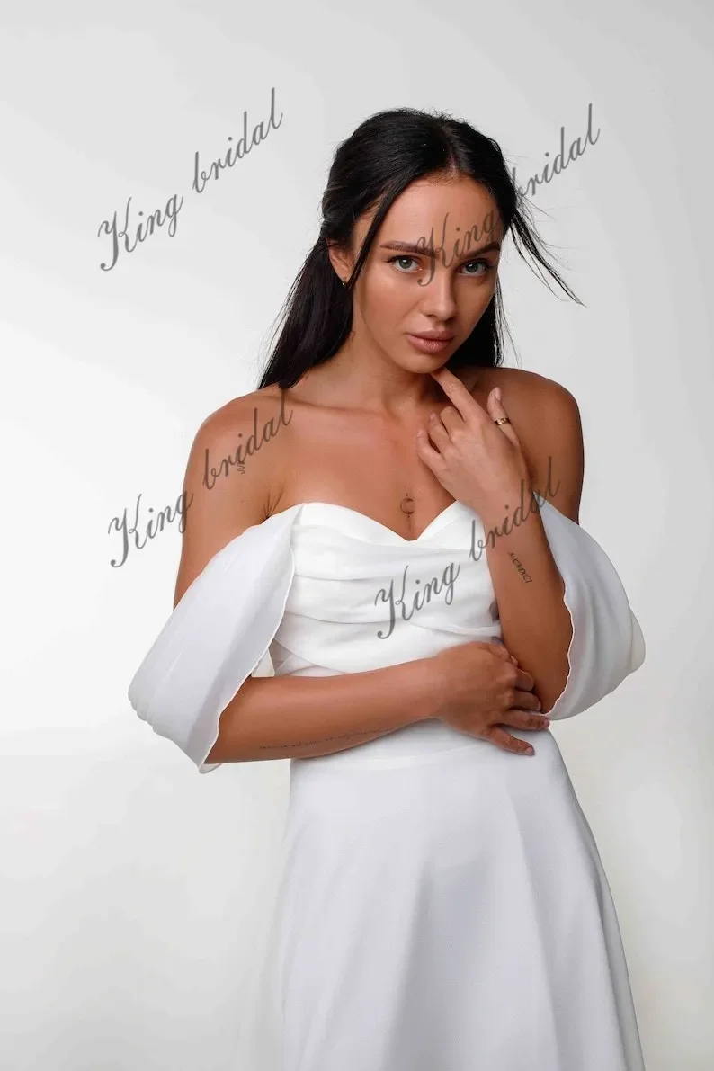 Saia de trem de organza vestido de casamento personalizado minimalista crepe a linha vestidos de casamento fora dos ombros vestido de casamento