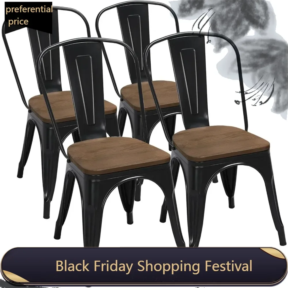 18 Inch Classic Iron Metal Dining Chair with Wood Top/Seat Indoor-Outdoor Use Chic Cafe Side Barstool Set of 4 Black