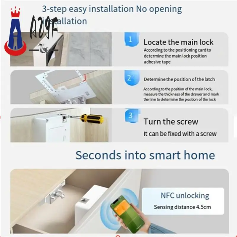 

A29F-карта замка ящика NFC, белый металл + пластик, невидимый замок без перфорации, подходит для деревянного шкафа, шкафа
