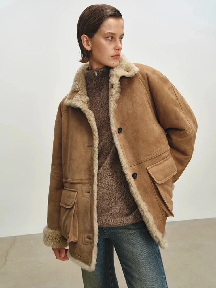 الراقية الفاخرة فرو الضأن الطبيعي سترات من جلد الغزال للنساء بسيطة خمر على الوجهين ارتداء الشتاء جلد طبيعي معطف الفرو الحقيقي #2