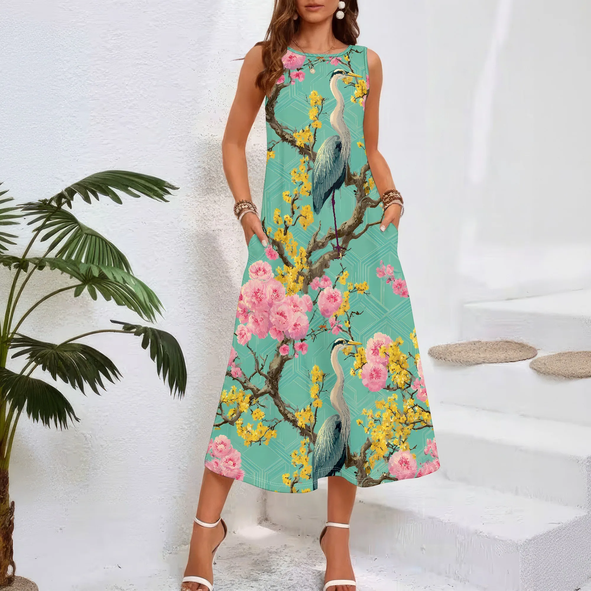 Heron Print, Sleeveless Dress, Floral Pattern, Summer Wear, Beach Outfit, Casual Style, Pockets, S-2XL