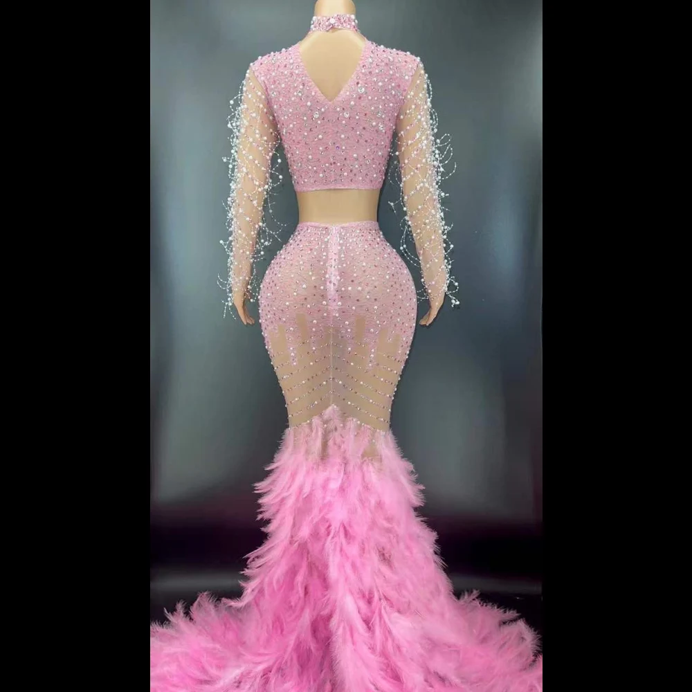 فستان نسائي متعدد الألوان 2026 لؤلؤي بأكمام طويلة مثير وريش زائدة لحفلات الزفاف المسائية القماش قاعة الرقص ملابس المسرح