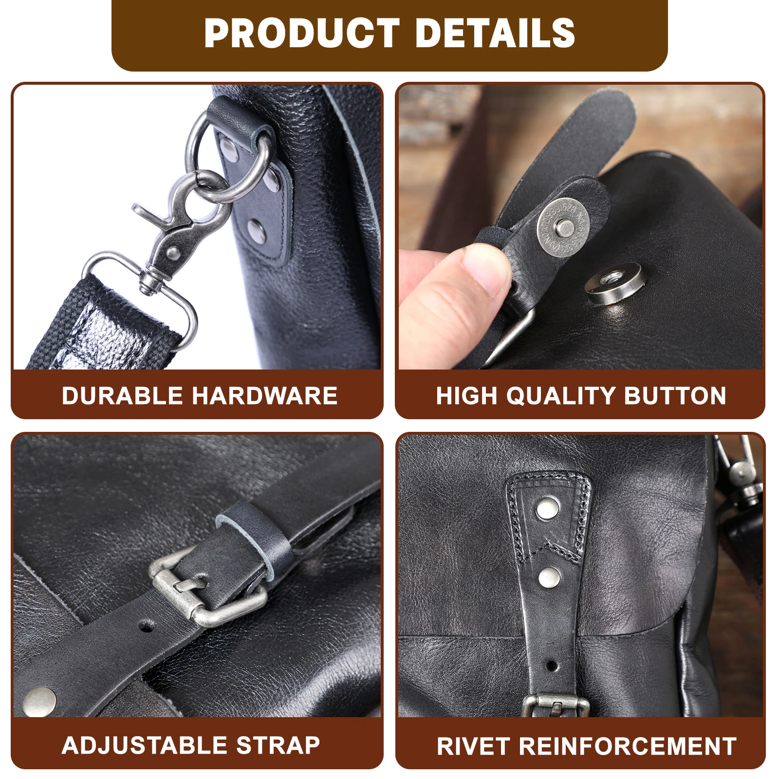 Echtleder Herren-Aktentasche 15 Zoll Laptop-Tasche Einfache Rindsleder-Umhängetasche Pflanzlich gegerbtes Leder Modischer Casual-Stil – Detail 13