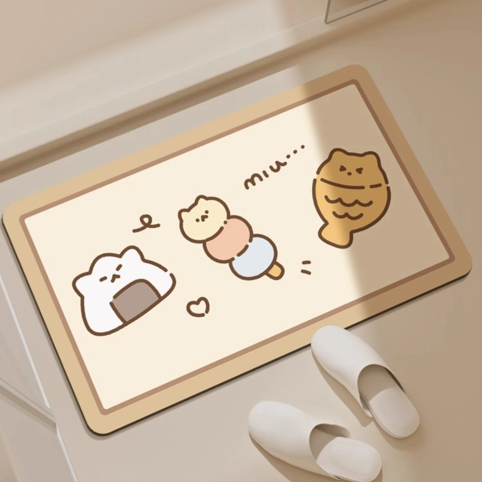 Kawaii Japanese Snack Door Mat - Cute Cat Rice Ball Dango Taiyaki Floor Rug, Soft Entry Mat, Non-Slip, Multiple Sizes