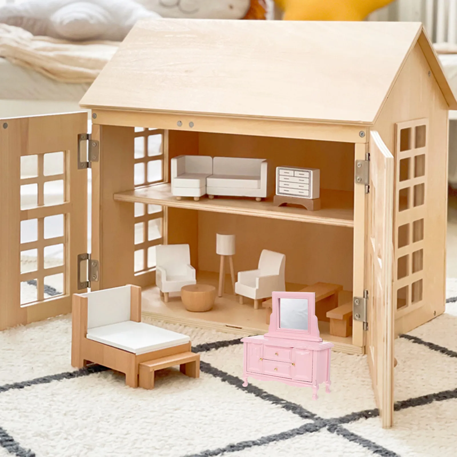 

Mini Wooden Dressing Table Mirror Decor Durable Wood Material Mini House Furniture Artistic Kids Room Enhancement