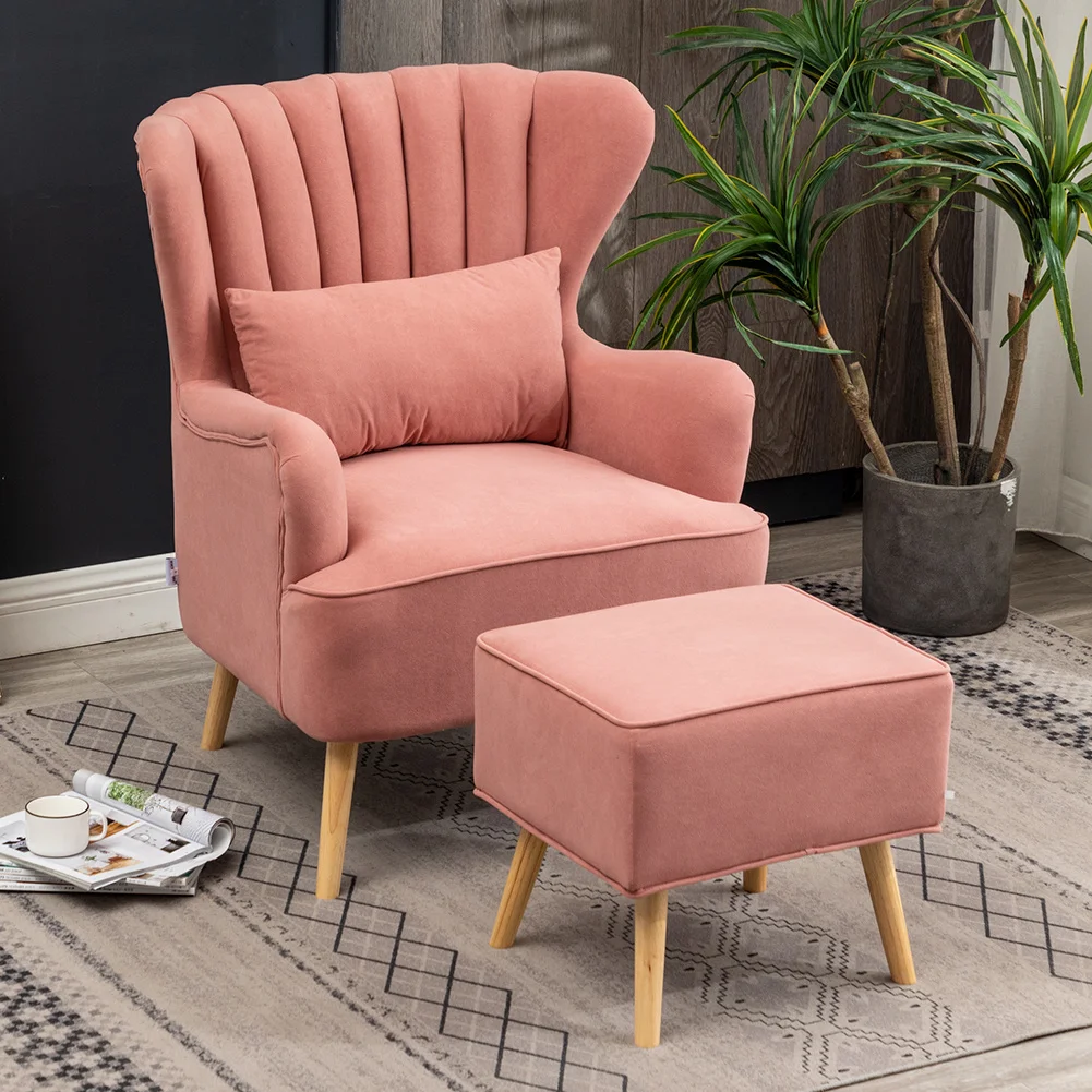 Ash Pink Contemporary Curved Back Single Armchair with Lumbar Pillow and Footstool