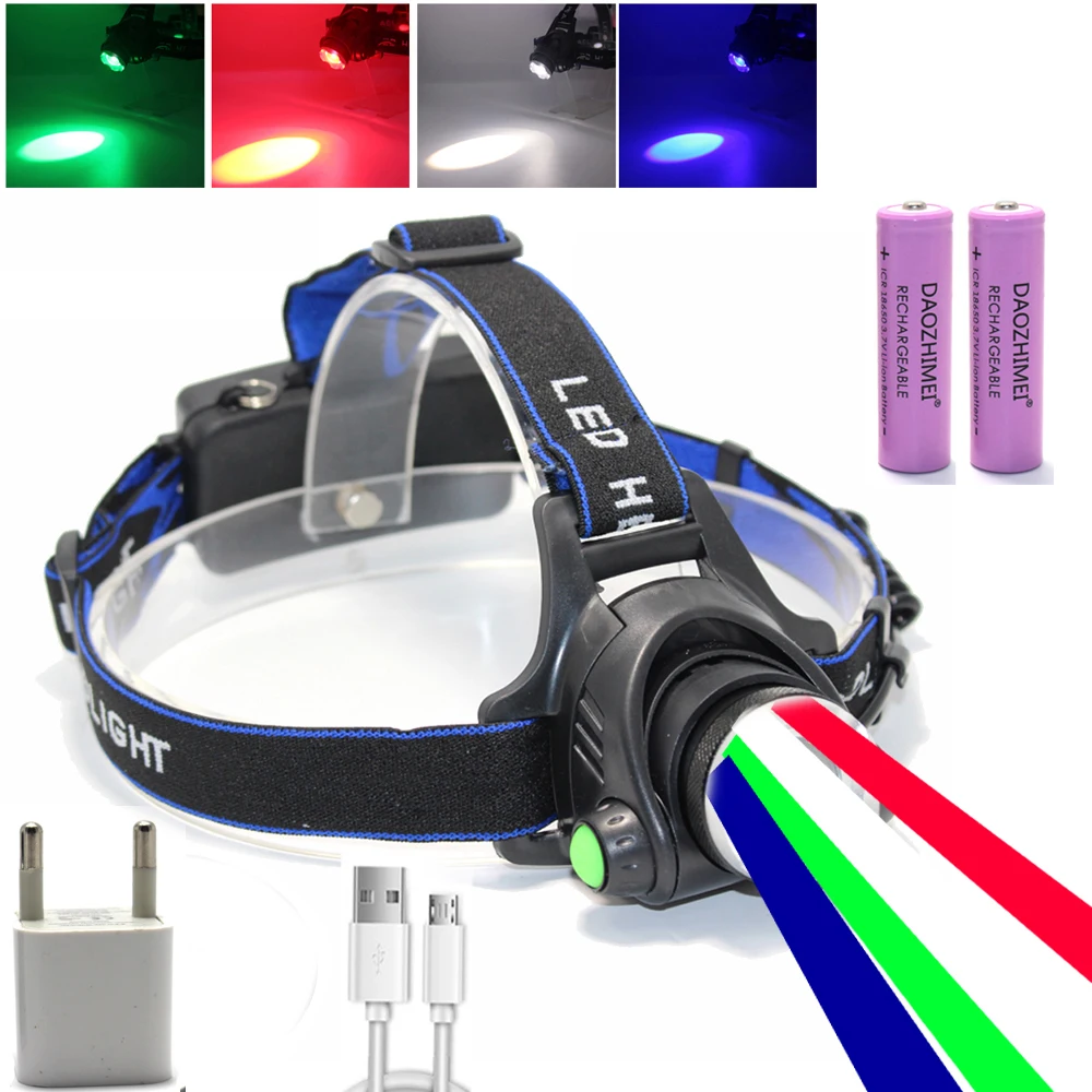 

4-color Light Source 4 In 1 Adjustable Focus LED Zoom Headlight Flashlight USB Rechargeable Camping Headlamp Hunting Head Lamp