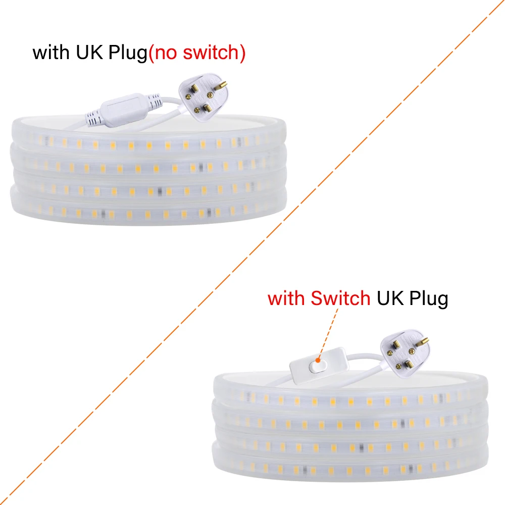 LED Strip Light 220V 2835 Waterproof Led Strip 120LEDs/m Flexible LED Tape Lamp Kitchen Outdoor Garden LED Light with UK Plug