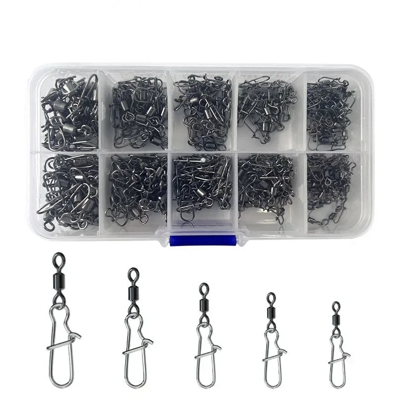 210pc/box Stainless Steel Fishing Connector Pin 2#4# 5#6#8# Bearing Rolling Swivel with Snap Fishhook Lure Accessories