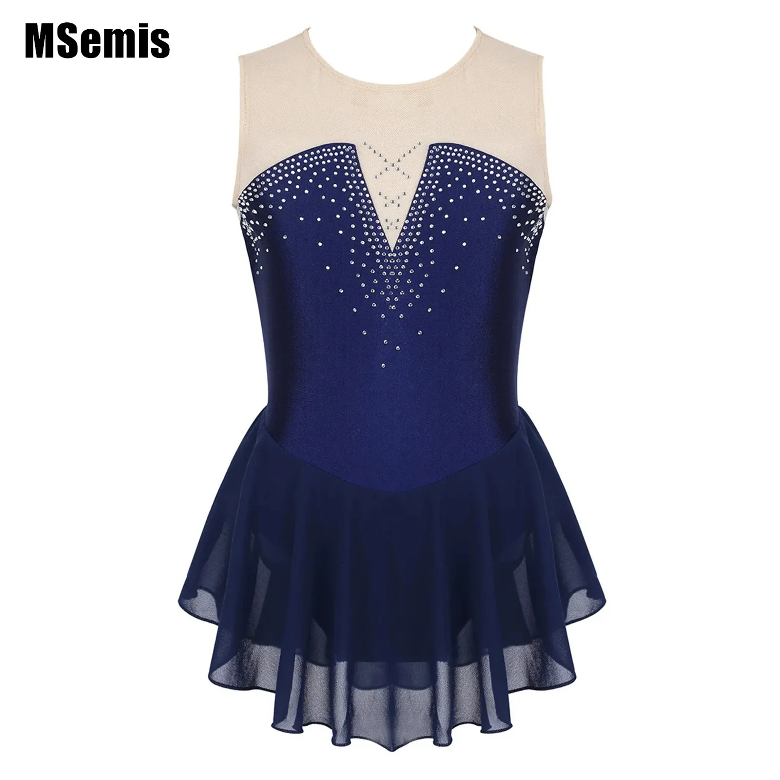 

Kids Girls Mesh Ballet Dress Sparkly Inlaid Sleeveless Rhinestone Mesh Splice Skating Dance Gymnastics Leotard