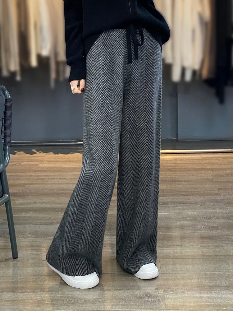 Autumn and Winter New Women\'s Knitted Herringbone Pattern Pants Casual Loose Wide Leg Pants 100% Merino Wool Pants Fashion Korea