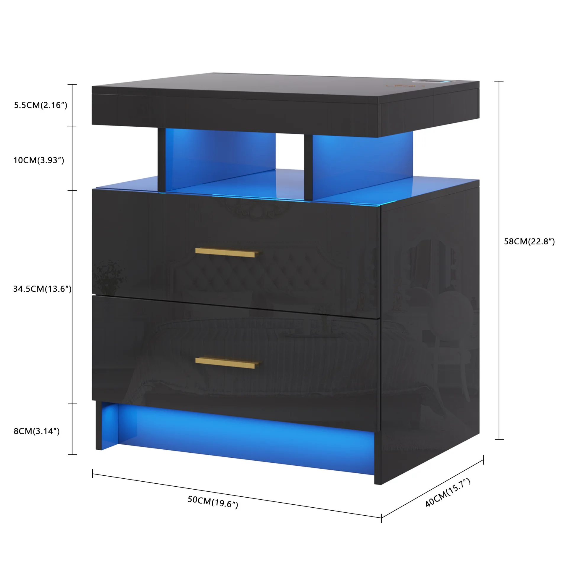 

Modern bedside table with charging station LED lamp Bedside table Human body induction USB port Table with drawers Cabinet